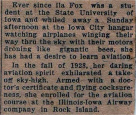 Newspaper Article about Ila Fox Learning to Fly in Iowa 1920s